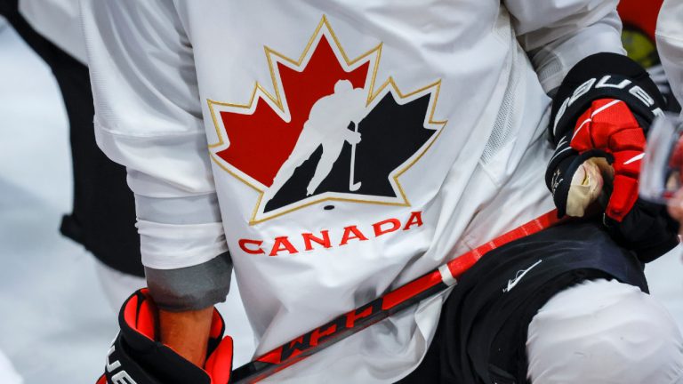 A Hockey Canada logo is shown on the jersey of a player with Canada’s National Junior Team during a training camp practice in Calgary, Tuesday, Aug. 2, 2022. (Jeff McIntosh/CP) 