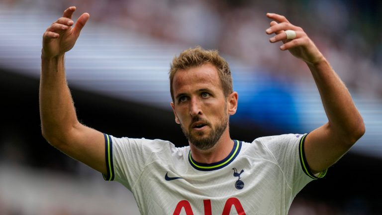 Tottenham's Harry Kane gestures during the English Premier League soccer match between Tottenham Hotspur and Wolverhampton Wanderers at Tottenham Hotspur in London, Saturday, Aug. 20, 2022. (Frank Augstein/AP)