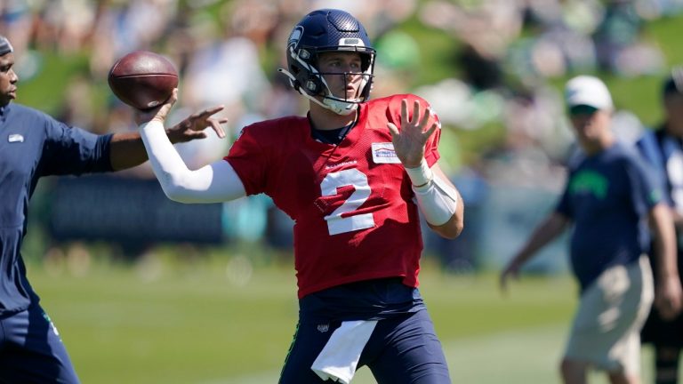 Seattle Seahawks quarterback Drew Lock passes during NFL football practice Wednesday, Aug. 3, 2022, in Renton, Wash. (Ted S. Warren/AP)