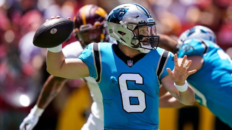 Carolina Panthers quarterback Baker Mayfield throws a pass during the first half of a NFL preseason football game against the Washington Commanders, Saturday, Aug. 13, 2022, in Landover, Md. (Alex Brandon/AP)