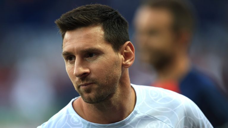 PSG's Lionel Messi warms up prior to the French League One soccer match between Paris Saint-Germain and Monaco at the Parc des Princes in Paris, France, Sunday, Aug. 28, 2022. (Aurelien Morissard/AP)