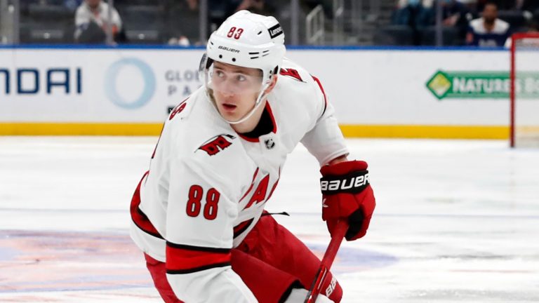 Carolina Hurricanes center Martin Necas (88) plays the puck against the New York Islanders during the third period of an NHL hockey game, Sunday, April 24, 2022, in New York. (Noah K. Murray/AP)