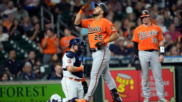 Baltimore Orioles' Anthony Santander (25) celebrates after hitting a two-run home run against the Houston Astros during the third inning of a baseball game Saturday, Aug. 27, 2022, in Houston. (David J. Phillip/AP)