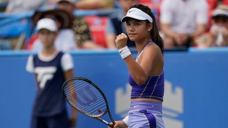 Emma Raducanu, of Britain, reacts during a match against Camila Osorio, of Colombia, at the Citi Open tennis tournament in Washington, Thursday, Aug. 4, 2022. (Carolyn Kaster/AP)