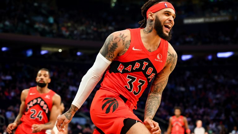 Toronto Raptors guard Gary Trent Jr. (33) reacts to his shot against the New York Knicks during the first half of an NBA basketball game. (Jessie Alcheh/AP)