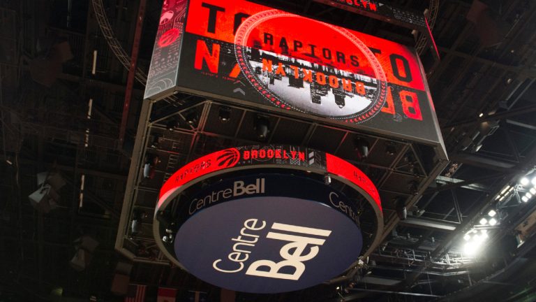 A sign for the Toronto Raptors is shown at the Bell Centre in Montreal, Wednesday, October 10, 2018. (Graham Hughes/CP) 