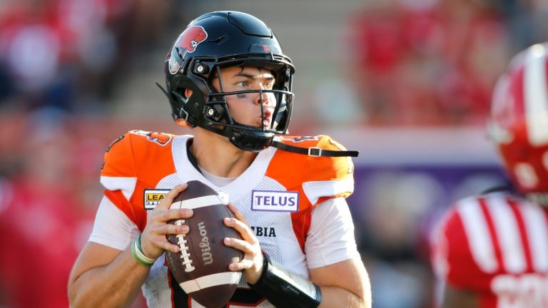 BC Lions quarterback Nathan Rourke looks downfield during second half CFL football action against the Calgary Stampeders in Calgary, Saturday Aug. 13, 2022. (Larry MacDougal/CP)