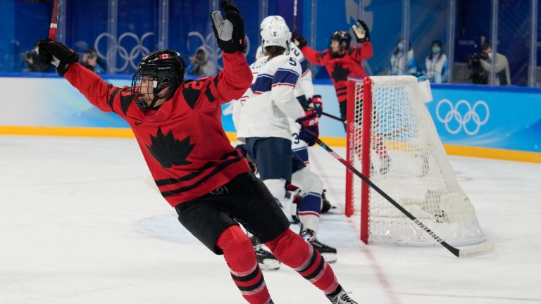 Canada's Sarah Nurse (20) celebrates a goal during the women's gold medal hockey game United States at the 2022 Winter Olympics, Thursday, Feb. 17, 2022, in Beijing. (Petr David Josek/AP)