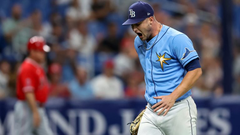 Tampa Bay Rays starting pitcher Shane McClanahan reacts after the third out by the Los Angeles Angels during the sixth inning of a baseball game Wednesday, Aug. 24, 2022, in St. Petersburg, Fla. (Mike Carlson/AP)