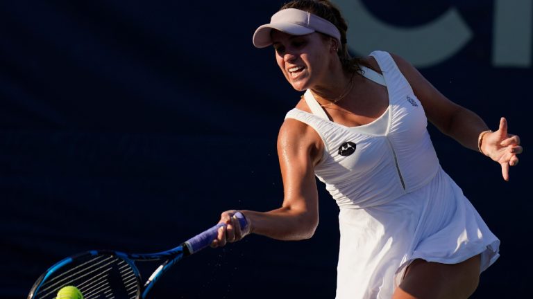 Sofia Kenin, of the United States, returns during a first-round match against Camila Osorio, of Colombia, at the Citi Open tennis tournament Tuesday, Aug. 2, 2022, in Washington. (AP)