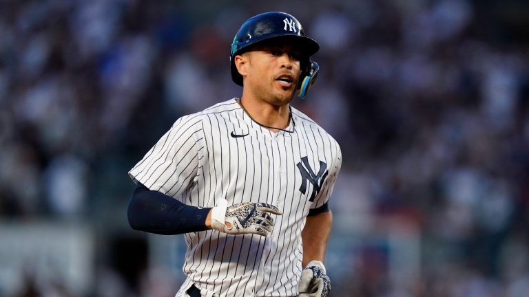 New York Yankees' Giancarlo Stanton runs the bases after hitting a three-run home run during the third inning of the team's baseball game against the Boston Red Sox on Friday, July 15, 2022, in New York. (Frank Franklin II/AP)