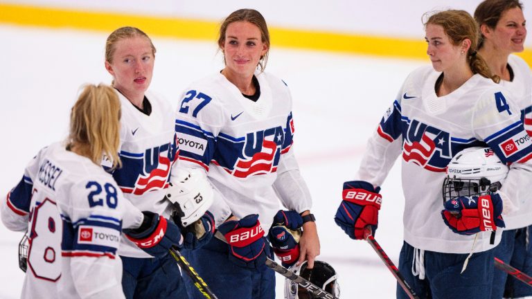 Taylor Heise is awarded best player of of USA after the IIHF World Championship Women's ice hockey match between Japan and USA in Herning, Denmark, Thursday, Aug. 25, 2022. (Bo Amstrup/Ritzau Scanpix via AP)