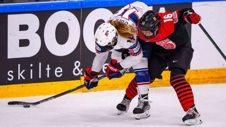 Yoshino Enomoto of Japan in action with Jesse Compher of USA during the IIHF World Championship Women's ice hockey match between Japan and USA. (Bo Amstrup/AP)