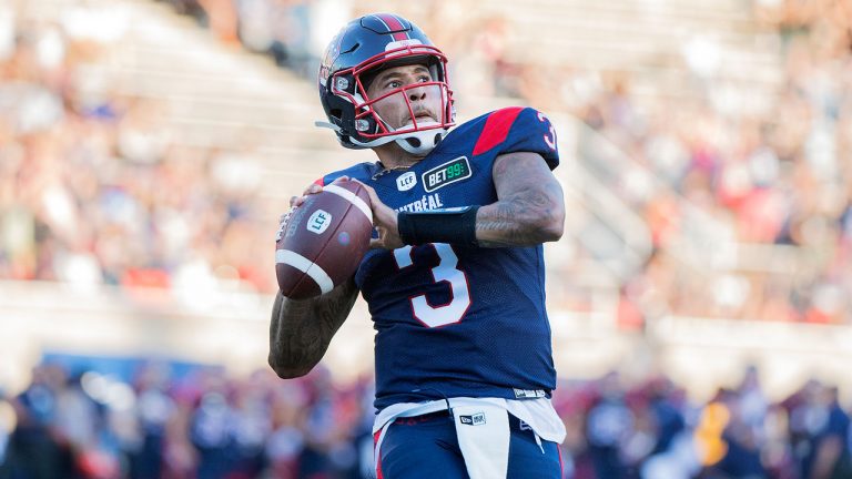 Montreal Alouettes quarterback Vernon Adams Jr. (3) reacts after scoring a touchdown during first half CFL pre-season football action against the Ottawa Redblacks. (Graham Hughes/CP)