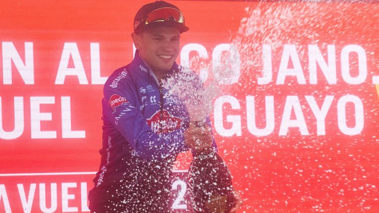 Australian rider Jay Vine from Alpecin Deceuninck team celebrates after winning the 6th stage of the Vuelta cycling race between Bilbao and Pico Jano - San Miguel de Aguayo, northern Spain, Thursday, Aug. 25, 2022. (Miguel Oses/AP)