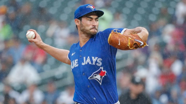 Toronto Blue Jays starting pitcher Mitch White throws to the Minnesota Twins in the first inning of a baseball game Saturday, Aug. 6, 2022, in Minneapolis. (Bruce Kluckhohn/AP)