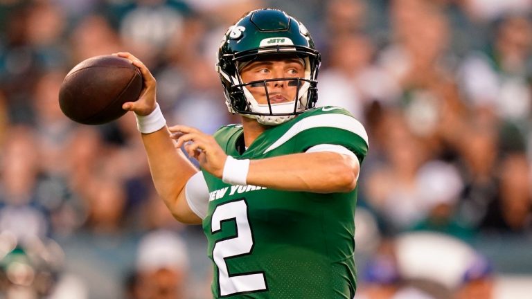 New York Jets' Zach Wilson throws during the first half of a preseason NFL football game against the Philadelphia Eagles on Friday, Aug. 12, 2022, in Philadelphia. (Matt Slocum/AP)