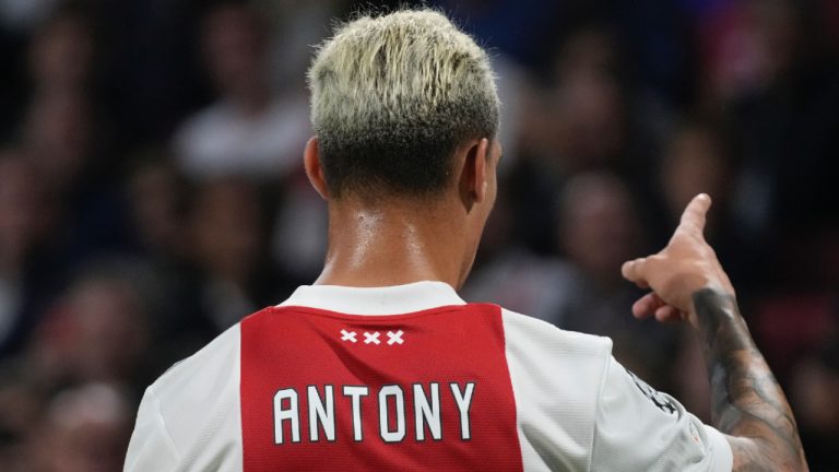 Ajax's Antony gestures during the Champions League group C soccer match between Ajax and Besiktas at the Johan Cruyff ArenA in Amsterdam in Amsterdam, Netherlands, Tuesday, Sept. 28, 2021. (Peter Dejong/AP)