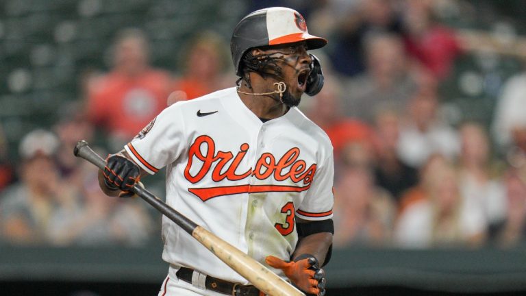 Baltimore Orioles' Jorge Mateo reacts after striking out looking during the ninth inning of the team's baseball game against the Detroit Tigers, Tuesday, Sept. 20, 2022, in Baltimore. The Tigers won 3-2. (Jess Rapfogel/AP)