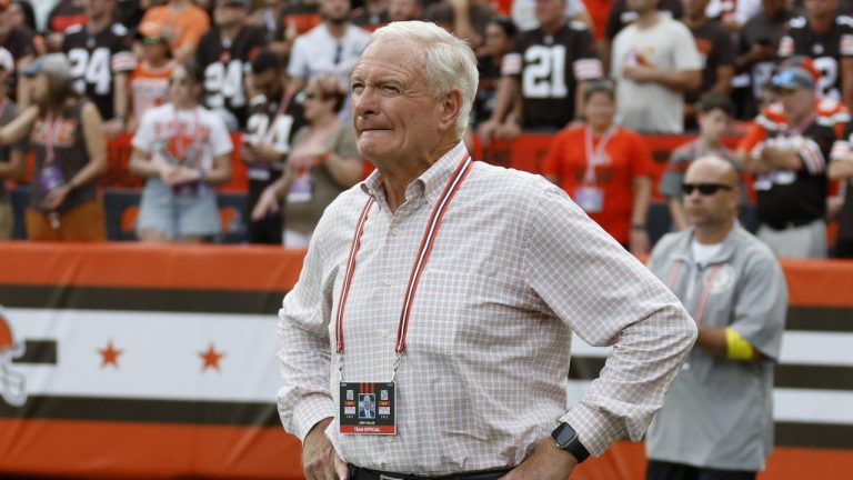 Cleveland Browns owner Jimmy Haslam watches after the New York Jets recovered an onside kick during the second half of an NFL football game, Sunday, Sept. 18, 2022, in Cleveland. Browns owner Jimmy Haslam was struck by a plastic bottle thrown from the stands Sunday as he walked on the sideline after the New York Jets rallied to take the lead in the closing seconds. The Jets won 31-30. (Ron Schwane/AP File)