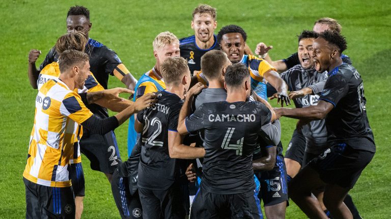 CF Montreal players celebrate a goal by Zachary Brault-Guillard against the Columbus Crew during second half MLS soccer action in Montreal, Friday, September 9, 2022. (Graham Hughes/CP)