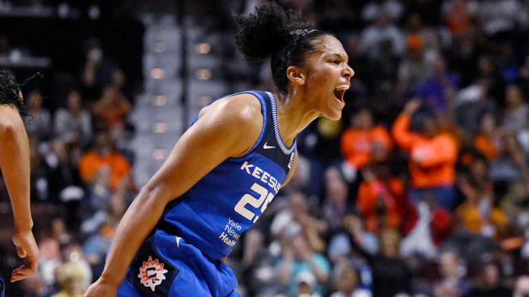 Connecticut Sun's Alyssa Thomas reacts during the first half in Game 3 of a WNBA basketball final playoff series against the Las Vegas Aces, Thursday, Sept. 15, 2022, in Uncasville, Conn. (AP)