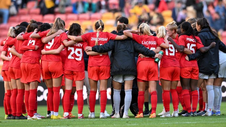 Canada reacts after ttheir women's soccer friendly between Australia and Canada at Suncorp Stadium in Brisbane, Australia, Saturday, Sept. 3, 2022. (Darren England/AAP Image via AP)