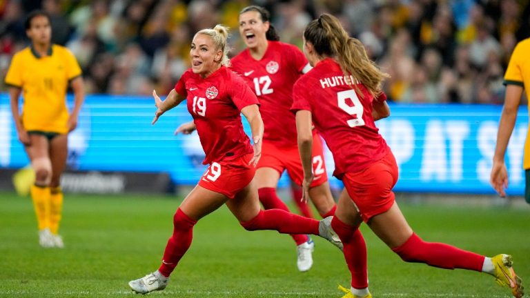 Canada's Adriana Leon celebrates with her teammates after scoring her team's second goal during a friendly soccer international between Canada and Australia in Sydney, Australia, Tuesday, Sept. 6, 2022. (Rick Rycroft/AP)