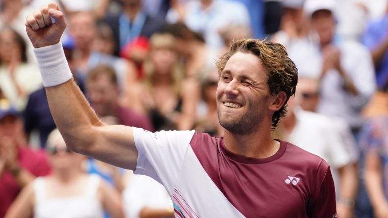 Casper Ruud, of Norway, celebrates after defeating Corentin Moutet, of France, during the fourth round of the U.S. Open tennis championships, Sunday, Sept. 4, 2022, in New York. (Eduardo Munoz Alvarez/AP)