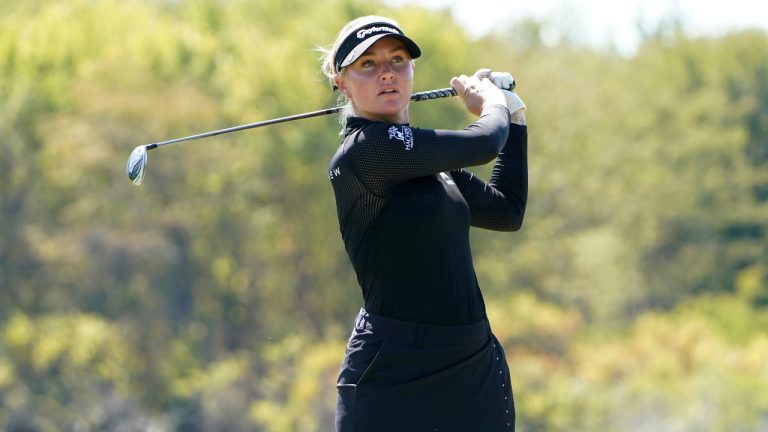 Charley Hull watches her tee shot on the eighth hole during The Ascendant golf tournament in The Colony, Texas, Friday, Sept. 30, 2022. (LM Otero/AP Photo)