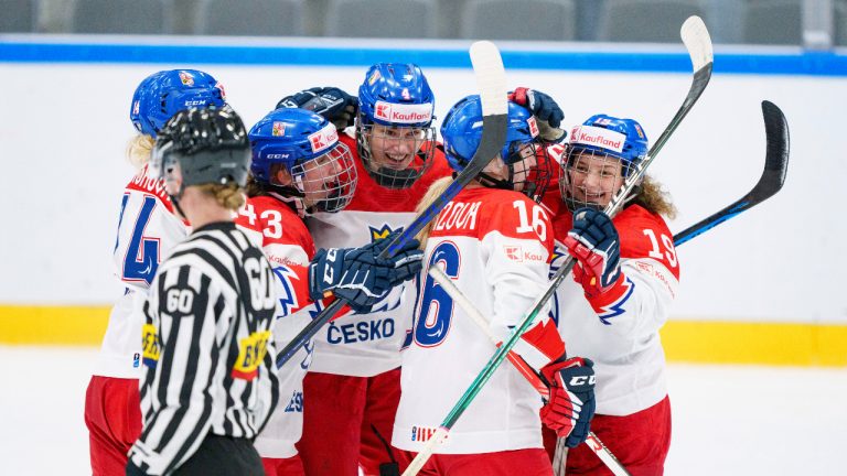 Czechia players celebrate after Natalie Mlynkova scored, during the IIHF World Championship Women's hockey bronze medal match between the Czech Republic and Switzerland in Herning, Denmark, Sunday, Sept. 4, 2022. (Bo Amstrup/Ritzau Scanpix via AP)