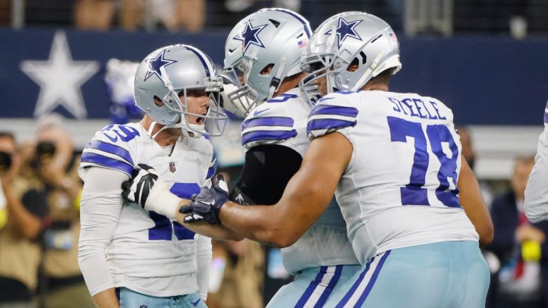 Dallas Cowboys place kicker Brett Maher (19) celebrates his game winning field goal during the second half of an NFL football game against the Cincinnati Bengals Sunday, Sept. 18, 2022, in Arlington, Tx. (Michael Ainsworth/AP)