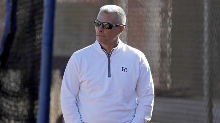 Kansas City Royals general manager Dayton Moore watches a workout during spring training baseball practice Monday, Feb. 17, 2020, in Surprise, Ariz. (Charlie Riedel/AP)