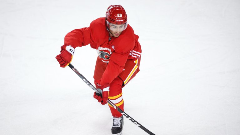 Calgary Flames' Dillon Dube skates during a training camp practice in Calgary. (Jeff McIntosh/CP)