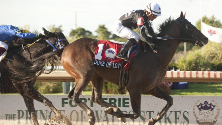 Jockey Justin Stein guides Duke of Love to victory in the $400,000 dollar Prince of Wales Stakes at Fort Erie Race Track in Fort Erie, Ont. on Tuesday, September 13, 2022. (Michael Burns/ Handout via CP)