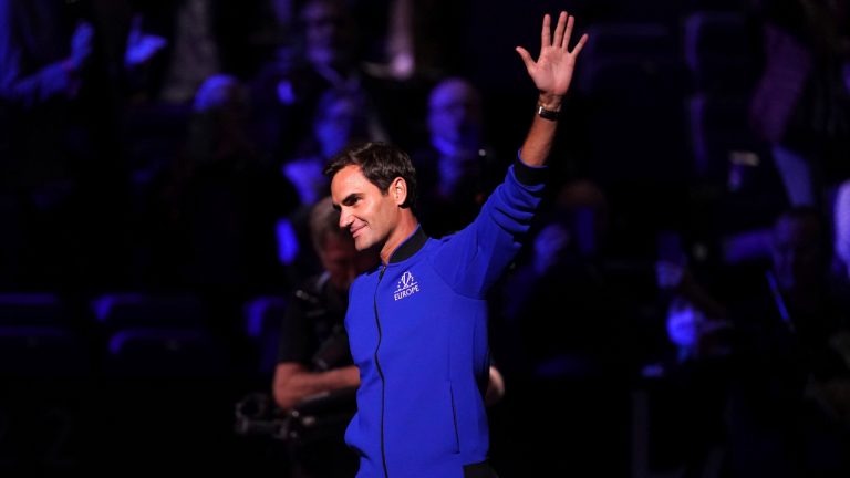 Team Europe's Roger Federer waves to the crowd ahead of day one of the Laver Cup at the O2 Arena in London, Friday Sept. 23, 2022. (John Walton/PA via AP)