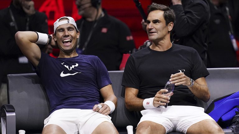 Team Europe's Roger Federer and Rafael Nadal, left, attend a training session ahead of the Laver Cup at the O2 Arena, London, Thursday Sept. 22, 2022. (John Walton/PA via AP)