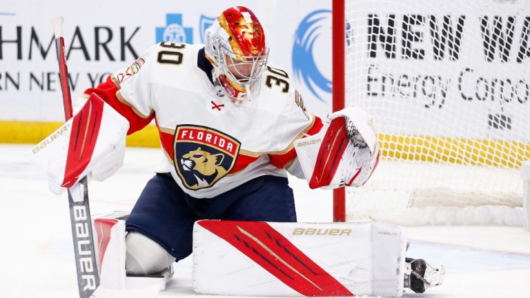 Florida Panthers goaltender Spencer Knight (30) makes a pad save during the first period of an NHL hockey game against the Buffalo Sabres, Sunday, April 3, 2022, in Buffalo, N.Y. (Jeffrey T. Barnes/AP)