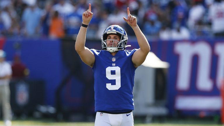 New York Giants kicker Graham Gano reacts after kicking a field goal during the second half an NFL football game against the Carolina Panthers, Sunday, Sept. 18, 2022, in East Rutherford, N.J. (John Munson/AP)