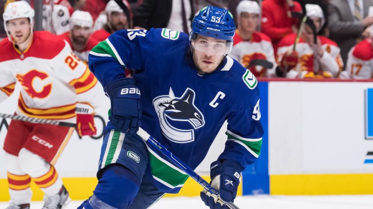 Vancouver Canucks' Bo Horvat skates during the third period of an NHL hockey game against the Calgary Flames in Vancouver, on Saturday, March 19, 2022. (Darryl Dyck/CP)