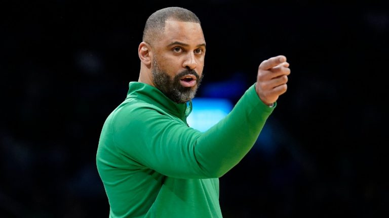 Boston Celtics head coach Ime Udoka shouts from the bench in the first half of an NBA basketball game against the Minnesota Timberwolves, Sunday, March 27, 2022, in Boston. The Celtics won 134-112. (Steven Senne/AP)