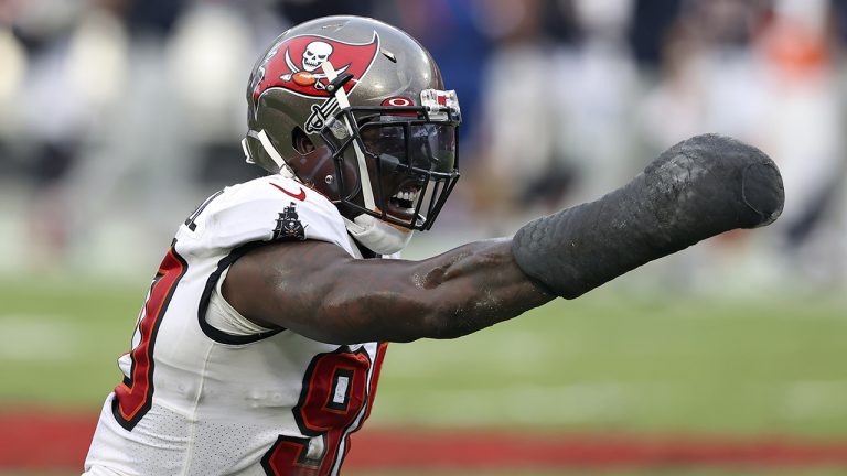 Tampa Bay Buccaneers outside linebacker Jason Pierre-Paul (90) celebrates after stopping Chicago Bears quarterback Justin Fields during the first half of an NFL football game Sunday, Oct. 24, 2021, in Tampa, Fla. (Mark LoMoglio/AP)