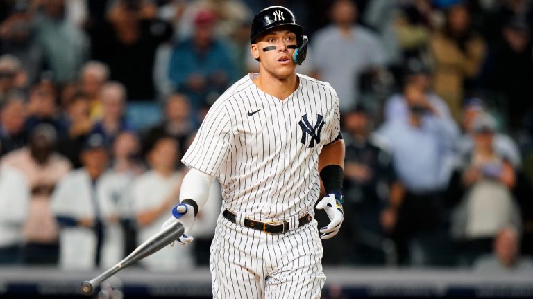 New York Yankees' Aaron Judge tosses his bat after being walked during the first inning of a baseball game against the Boston Red Sox Thursday, Sept. 22, 2022, in New York. (Frank Franklin II/AP)