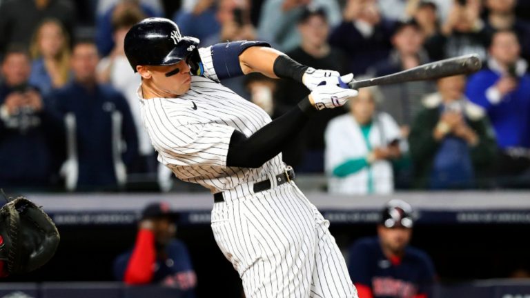 New York Yankees designated hitter Aaron Judge hits a double against Boston Red Sox starting pitcher Brayan Bello during the first inning of a baseball game Sunday, Sept. 25, 2022, in New York. (Jessie Alcheh/AP) 