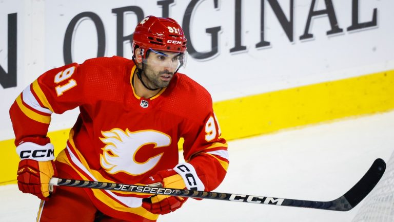 Calgary Flames centre Nazem Kadri skates during first period NHL preseason hockey action against the Edmonton Oilers in Calgary, Wednesday, Sept. 28, 2022. (Jeff McIntosh/CP)