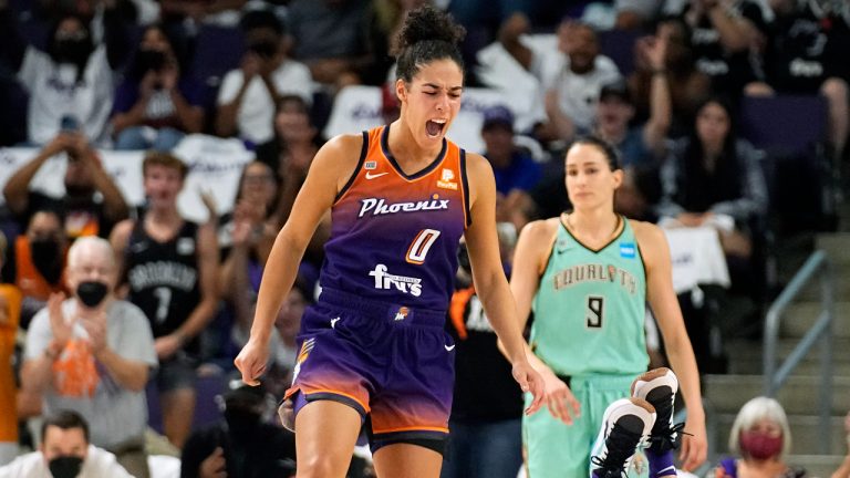 Phoenix Mercury's Kia Nurse passes the ball during the first half of a WNBA basketball game Sunday, July 11, 2021 in Everett, Wash. (Olivia Vanni/The Herald via AP)