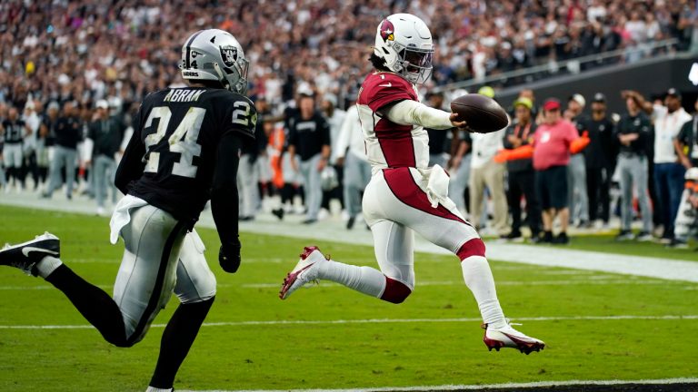 Arizona Cardinals quarterback Kyler Murray runs in for a touchdown as time expires during the fourth quarter of an NFL football game against the Las Vegas Raiders Sunday, Sept. 18, 2022, in Las Vegas. (John Locher/AP)