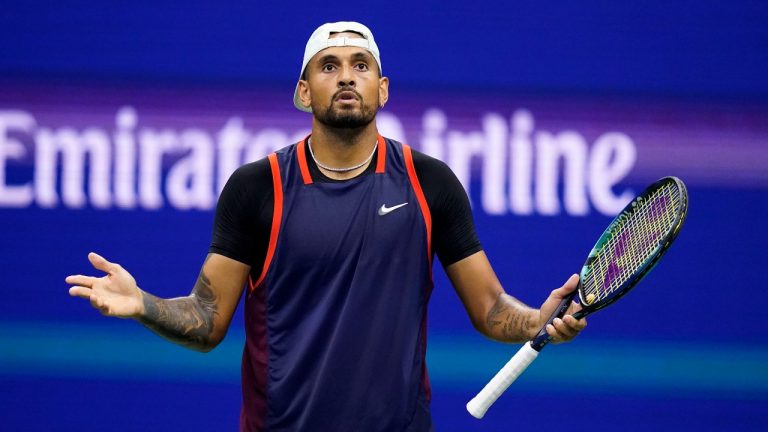 Nick Kyrgios, of Australia, reacts as he plays Karen Khachanov, of Russia, during the quarterfinals of the U.S. Open tennis championships, Tuesday, Sept. 6, 2022, in New York. (Charles Krupa/AP Photo)