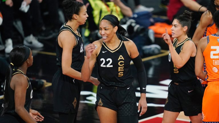 Las Vegas Aces forward A'ja Wilson (22) reacts after a play against the Connecticut Sun during the first half in Game 2 of a WNBA basketball final playoff series Tuesday, Sept. 13, 2022, in Las Vegas. (John Locher/AP)