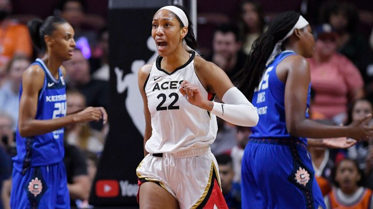 Las Vegas Aces' A'ja Wilson (22) reacts after she was fouled during the first half in Game 4 of a WNBA basketball final playoff series against the Connecticut Sun, Sunday, Sept. 18, 2022, in Uncasville, Conn. (Jessica Hill/AP)